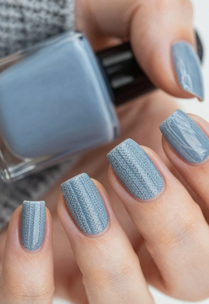 15 Cute Fall Nail Ideas in Soft Playful Style - 10. Soft Blue with Cozy Sweater Textures 1