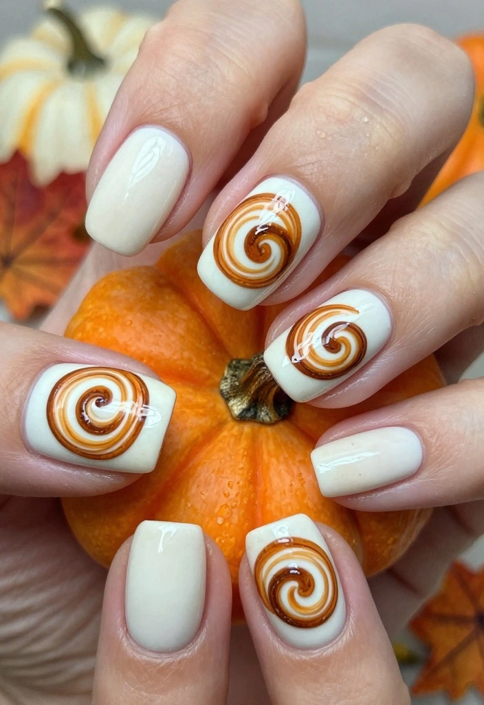 15 Cute Fall Nail Ideas in Soft Playful Style - 12. Creamy White with Pumpkin Spice Swirls 1