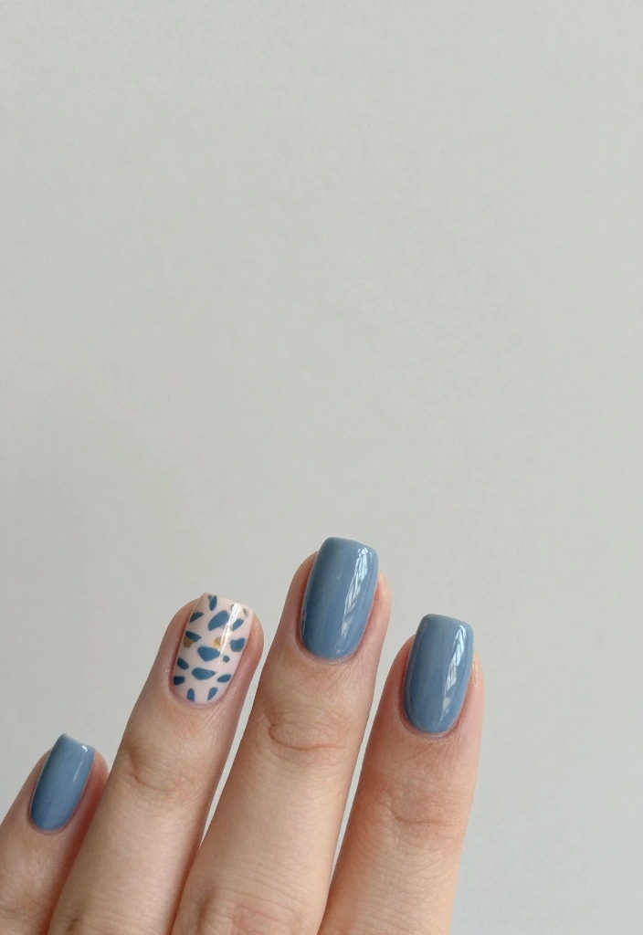 15 Cute Fall Nail Ideas in Soft Playful Style - 14. Dusty Blue with Geometric Patterns 1