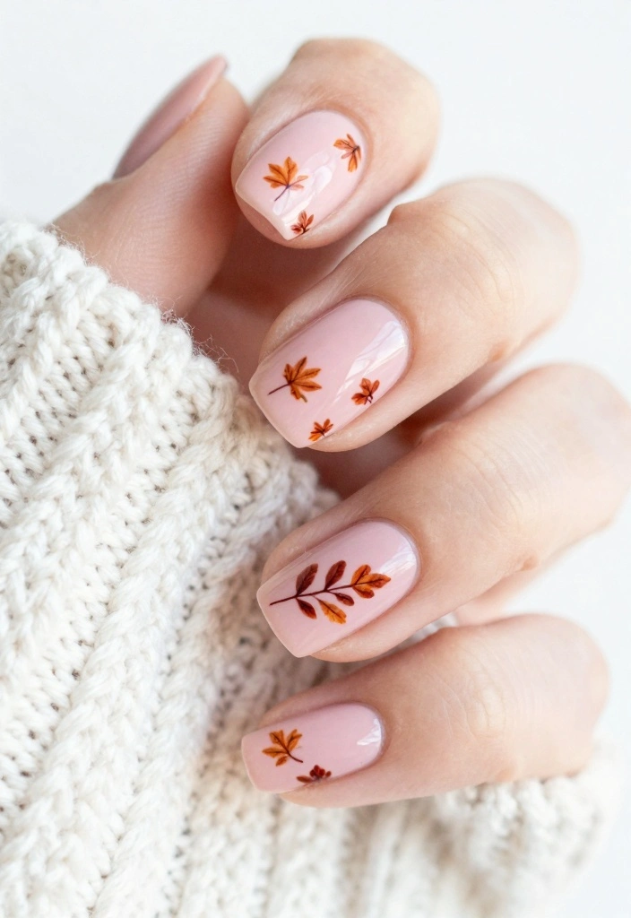 15 Cute Fall Nail Ideas in Soft Playful Style - 2. Blush Pink with Leaf Details 1