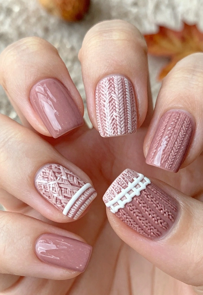 15 Cute Fall Nail Ideas in Soft Playful Style - 5. Dusty Rose with Sweater Patterns 1