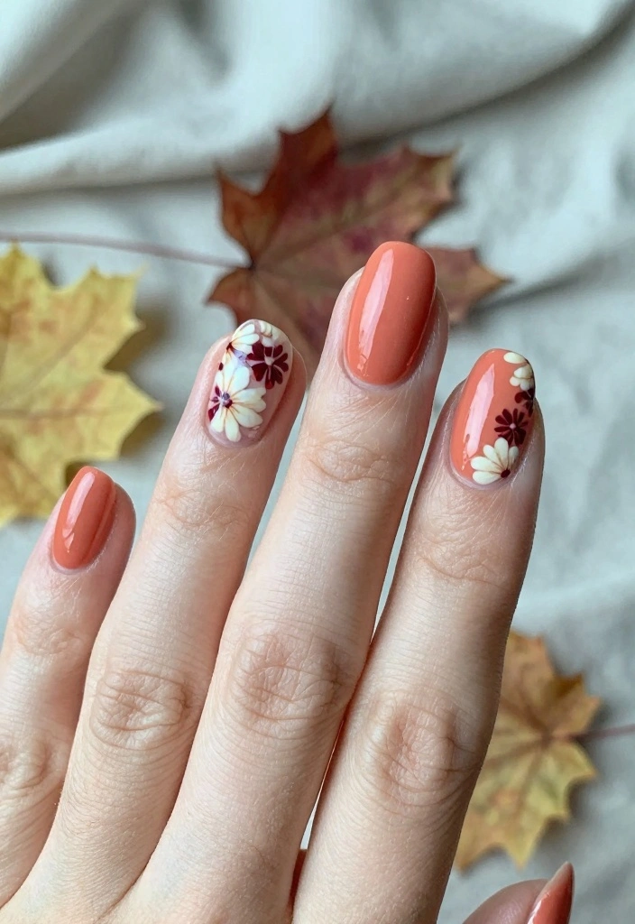 15 Cute Fall Nail Ideas in Soft Playful Style - 6. Soft Coral with Floral Accents 1