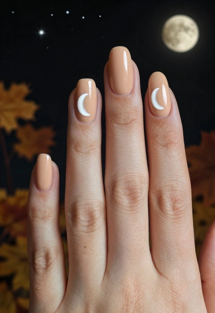 15 Cute Fall Nail Ideas in Soft Playful Style - 7. Peachy Beige with Moon Phases 1