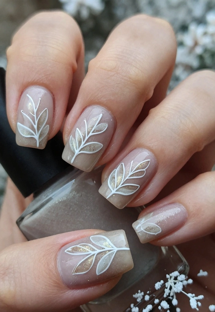 15 Cute Winter Nails Ideas: Soft Cozy Charm - 13. Natural Frosted Leaves 1