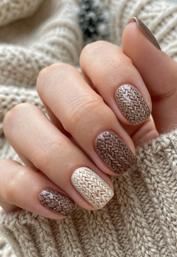 15 Cute Winter Nails Ideas: Soft Cozy Charm - 2. Cozy Knit Patterns 1