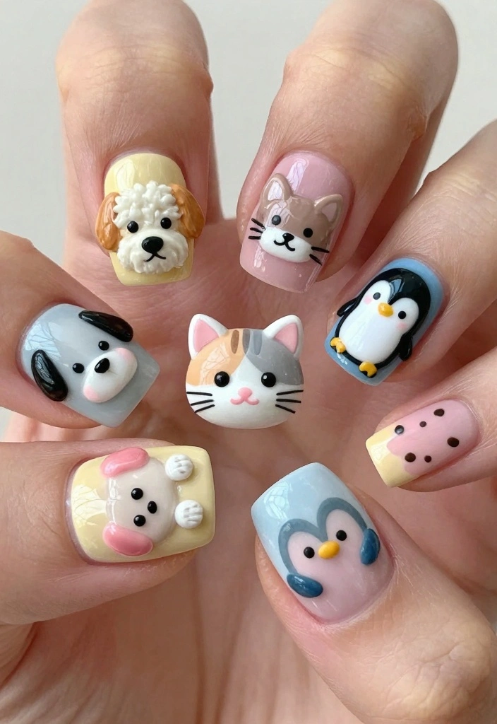 15 Cute Winter Nails Ideas: Soft Cozy Charm - 3. Adorable Animal Faces 1