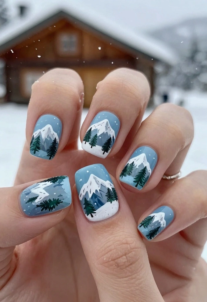 15 Cute Winter Nails Ideas: Soft Cozy Charm - 5. Snowy Mountain Landscape 1