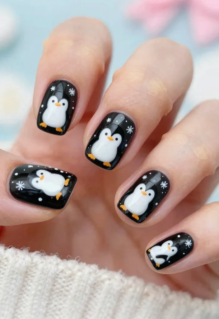 15 Cute Winter Nails Ideas: Soft Cozy Charm - 8. Cute Penguin Patterns 1