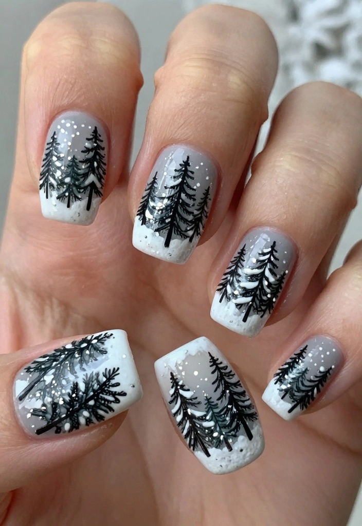 15 Cute Winter Nails Ideas: Soft Cozy Charm - 9. Snowy Forest Scene 1