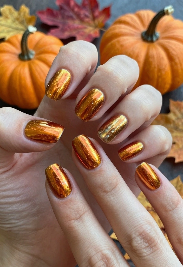 15 Fall Chrome Nail Colors Ideas Shiny Autumn Luxe - 13. Pumpkin Spice Delight 1