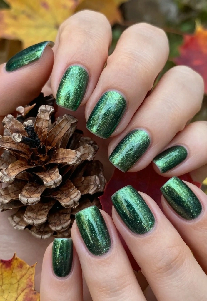 15 Fall Chrome Nail Colors Ideas Shiny Autumn Luxe - 2. Glimmering Forest Green 1