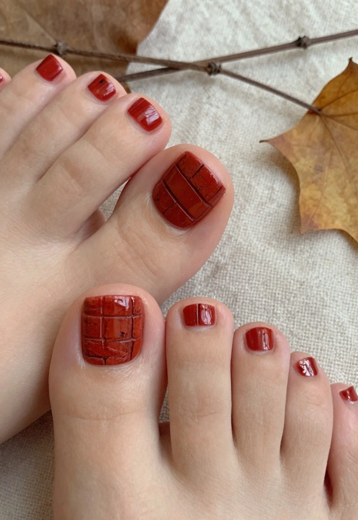 15 Fall Toe Nail Colors Ideas for a Cozy Polished Look - 11. Rustic Brick Red 1