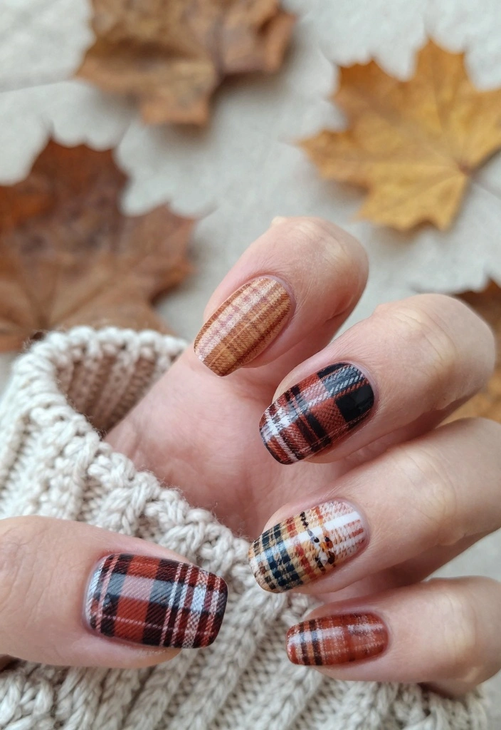 16 Autumn Almond Nails Ideas: Elegant Cozy Shapes - 10. Flannel-Inspired Plaid 1