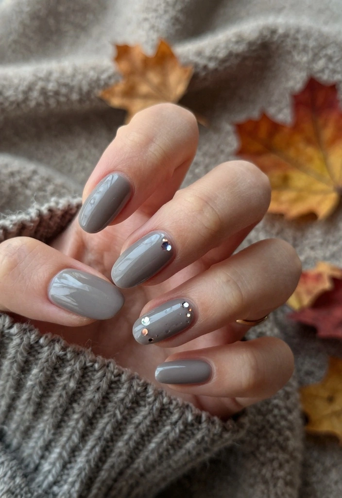 16 Autumn Almond Nails Ideas: Elegant Cozy Shapes - 13. Warm Gray with Gem Accents 1