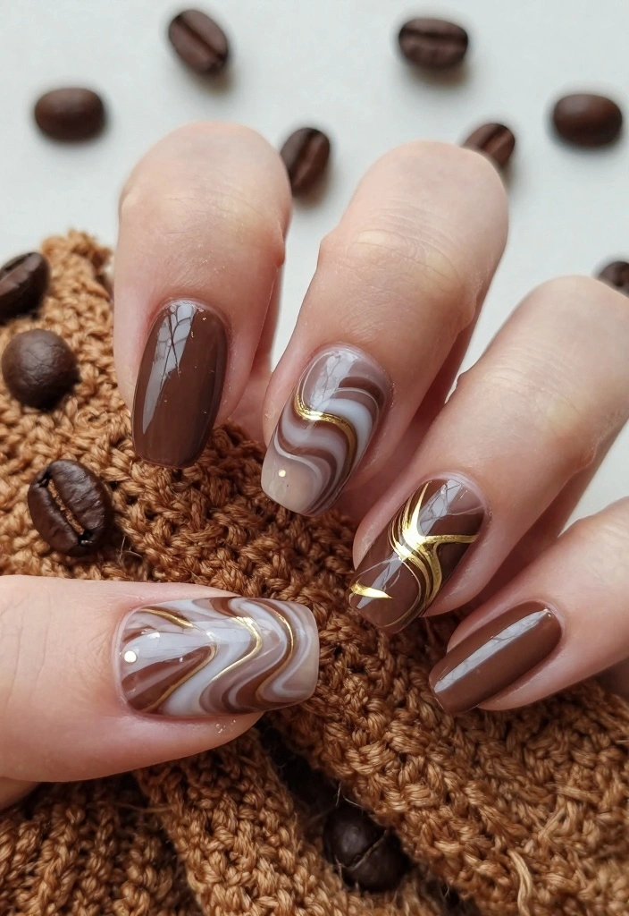 16 Autumn Almond Nails Ideas: Elegant Cozy Shapes - 14. Mocha Swirls with Gold 1