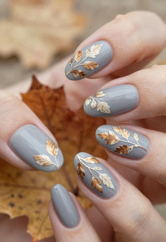 16 Autumn Almond Nails Ideas: Elegant Cozy Shapes - 15. Soft Grey with Fall Leaves 1