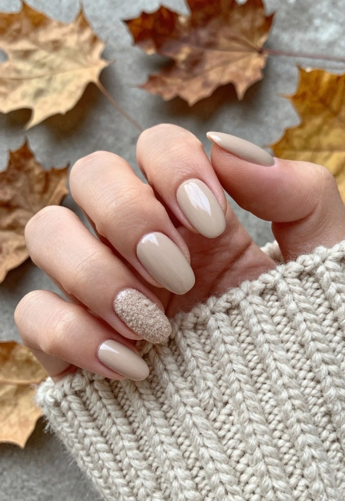 16 Autumn Almond Nails Ideas: Elegant Cozy Shapes - 3. Cozy Beige with Textured Accents 1