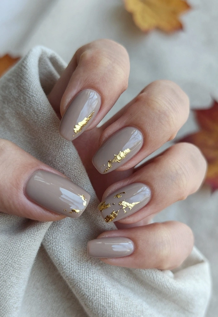 16 Autumn Almond Nails Ideas: Elegant Cozy Shapes - 7. Neutral Taupe with Gold Foil 1