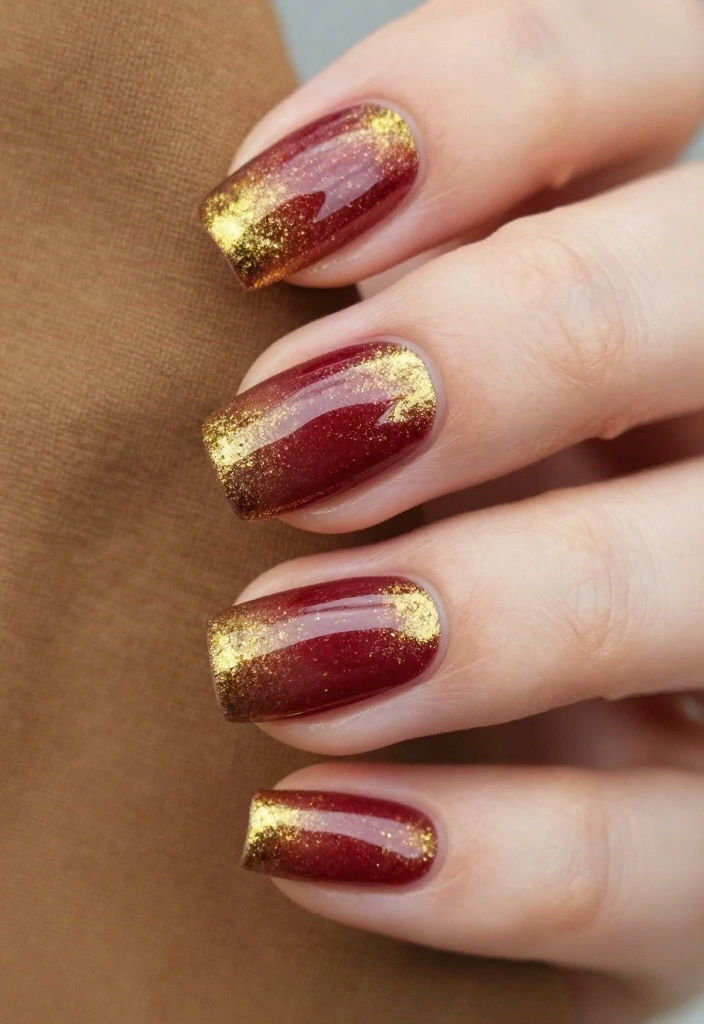 16 Autumn Ombre Nails Ideas: Soft Seasonal Blends - 1. Burgundy to Gold Ombre 1