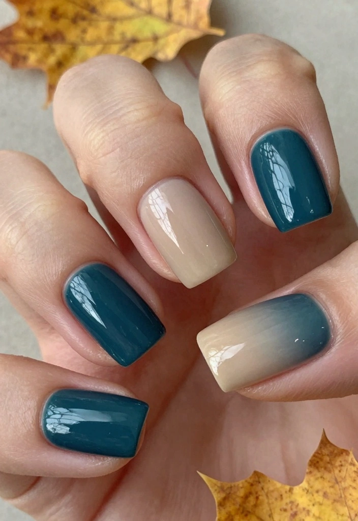 16 Autumn Ombre Nails Ideas: Soft Seasonal Blends - 11. Dark Teal and Beige 1
