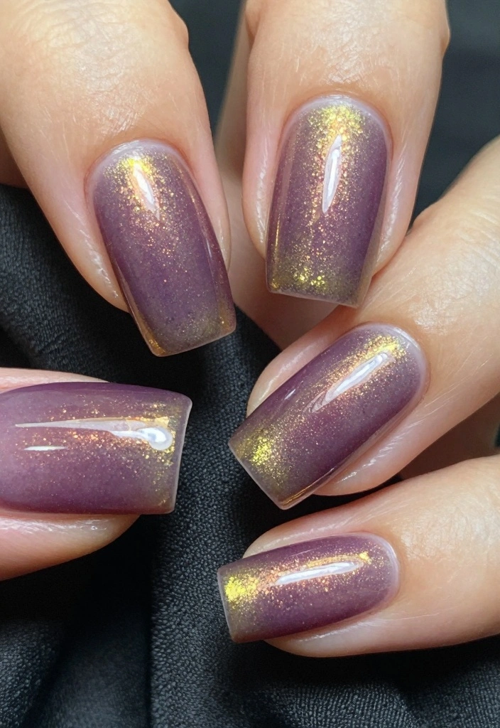 16 Autumn Ombre Nails Ideas: Soft Seasonal Blends - 14. Plum Purple and Gold 1