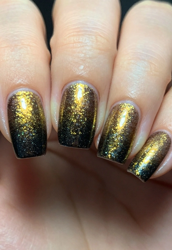 16 Autumn Ombre Nails Ideas: Soft Seasonal Blends - 9. Black and Gold Glitter 1