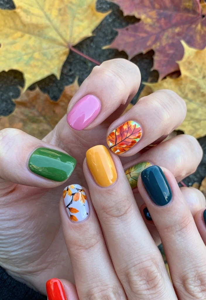 16 Cute Autumn Nails Ideas: Sweet Cozy Designs - 11. Rainbow Fall Leaves 1