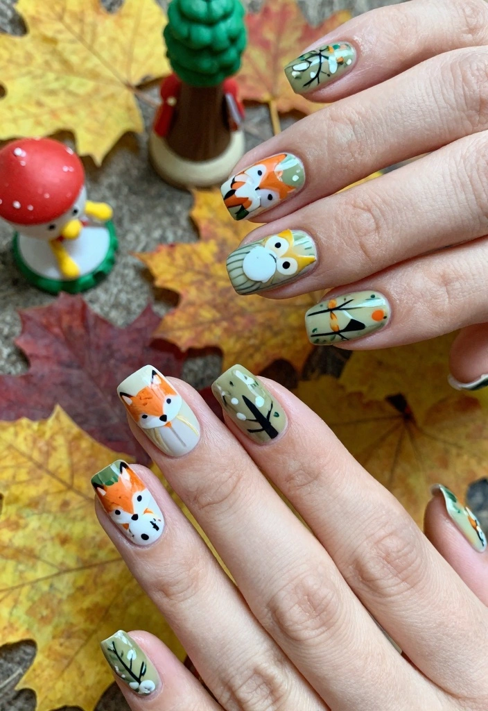 16 Cute Autumn Nails Ideas: Sweet Cozy Designs - 5. Whimsical Woodland Creatures 1