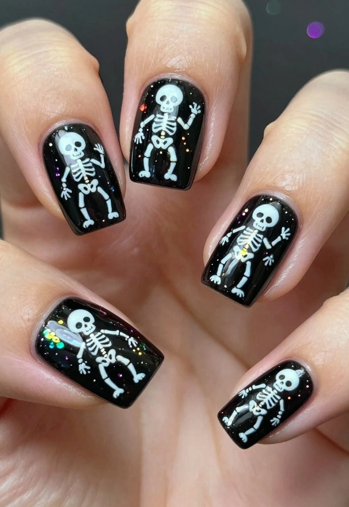 16 Cute Halloween Nails Ideas: Fun Spooky Style - 10. Fun with Skeletons 1