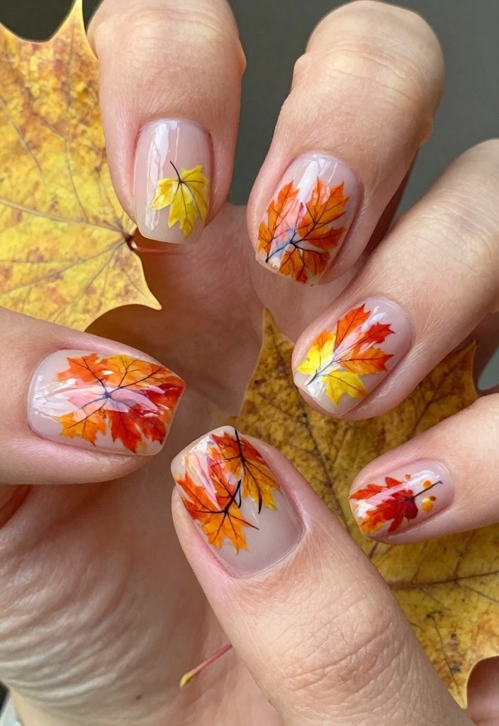 16 Cute Halloween Nails Ideas: Fun Spooky Style - 11. Colorful Autumn Leaves 1