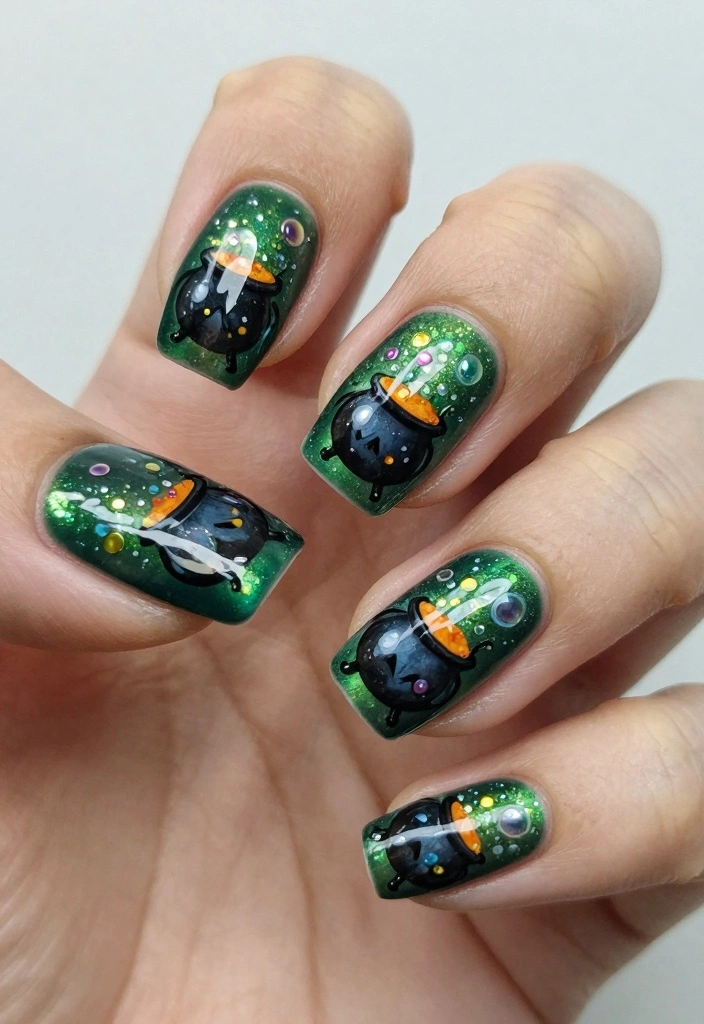 16 Cute Halloween Nails Ideas: Fun Spooky Style - 12. Cute Cauldrons 1