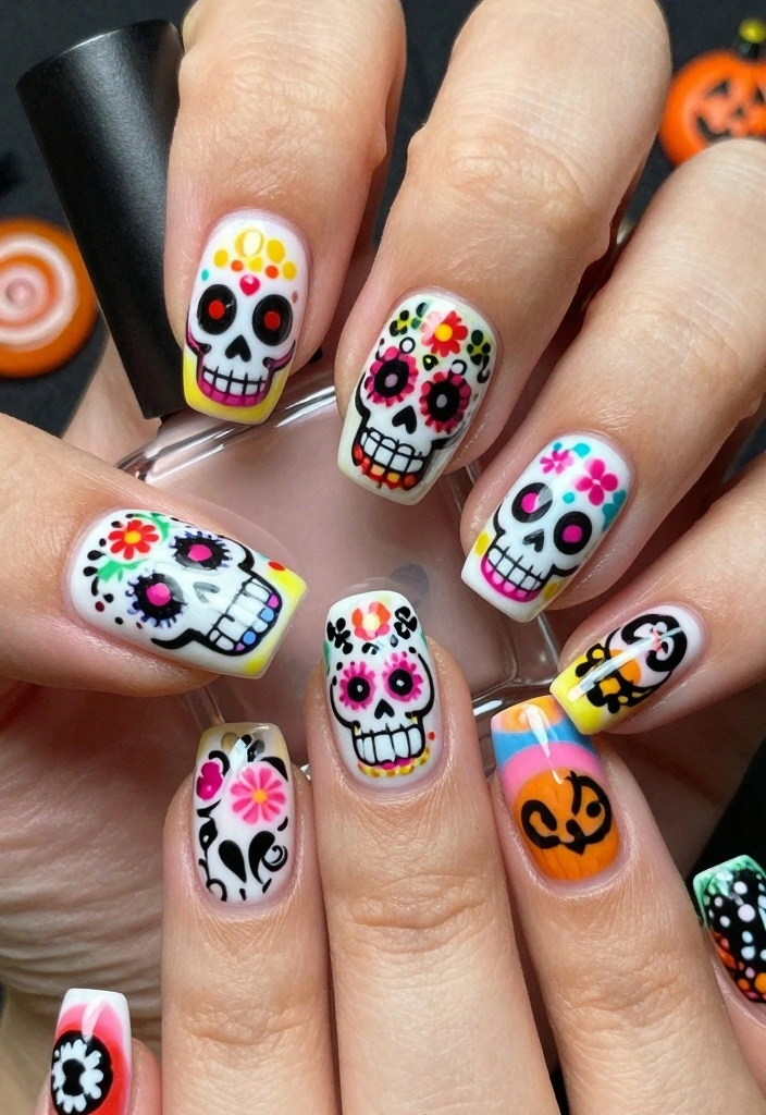 16 Cute Halloween Nails Ideas: Fun Spooky Style - 14. Charming Candy Skulls 1