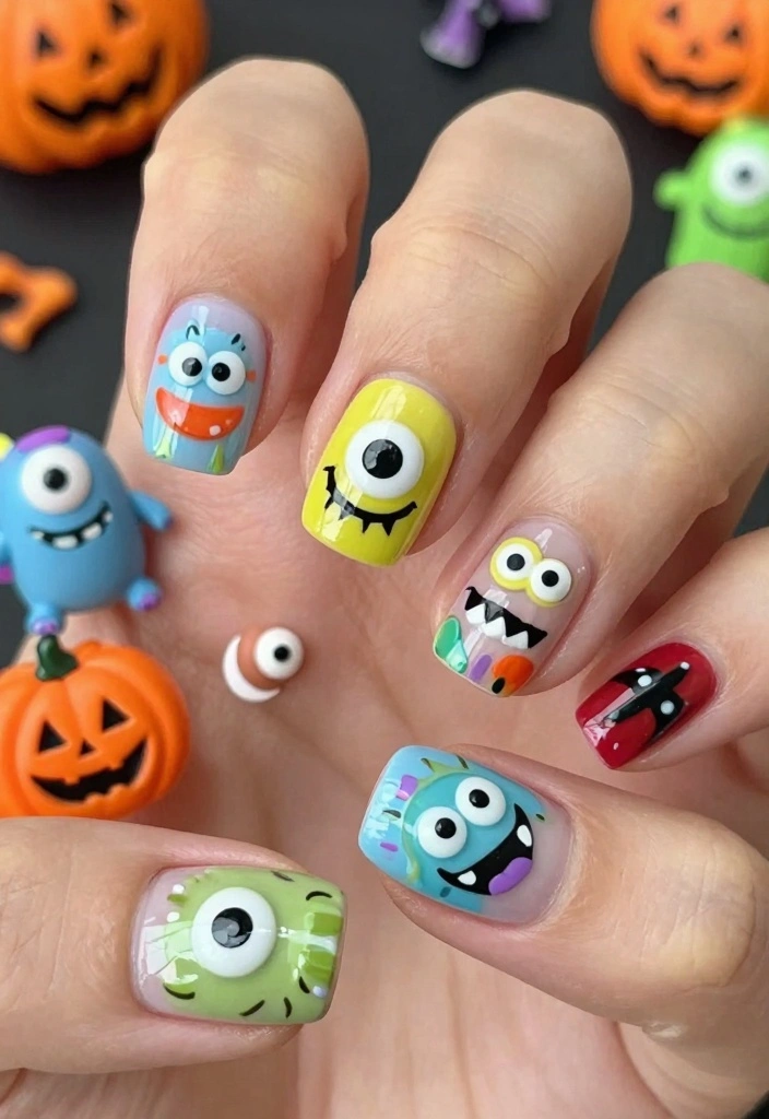 16 Cute Halloween Nails Ideas: Fun Spooky Style - 16. Playful Monster Mash 1