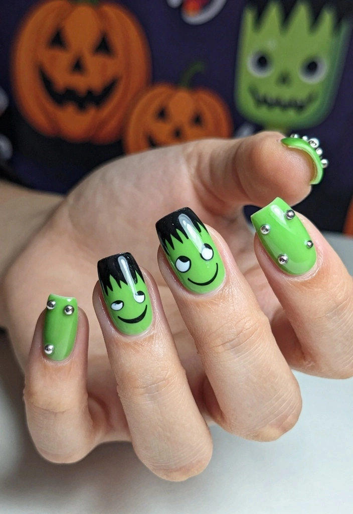 16 Cute Halloween Nails Ideas: Fun Spooky Style - 7. Friendly Frankenstein 1