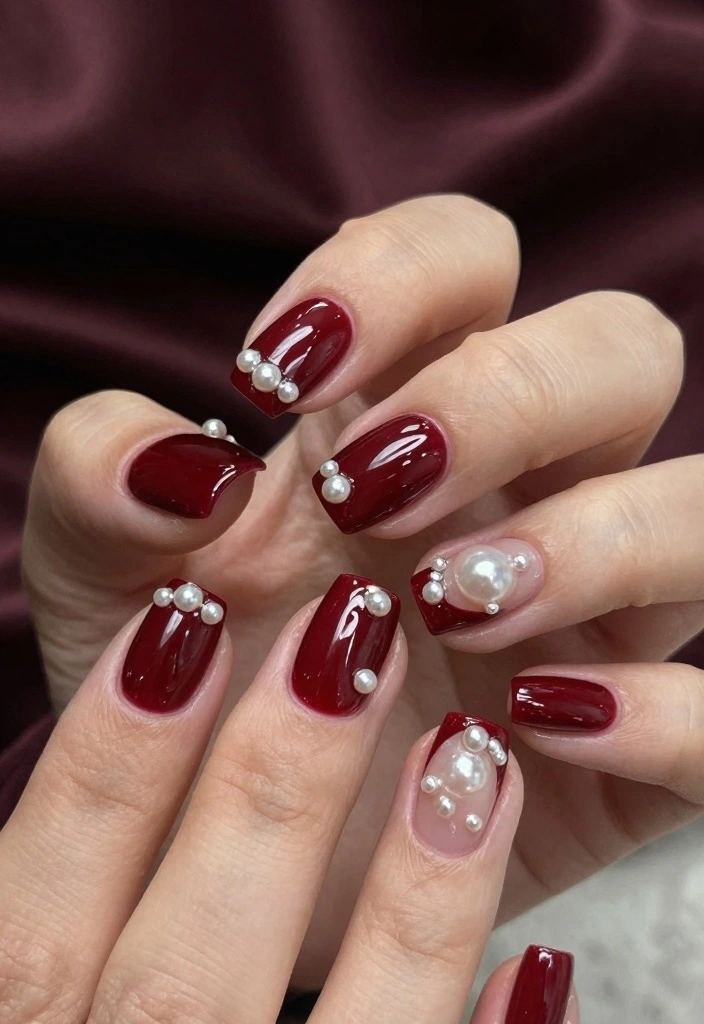 16 Dark Red Nails Ideas Rich Bold Classic - 13. Dark Red with Pearls 1