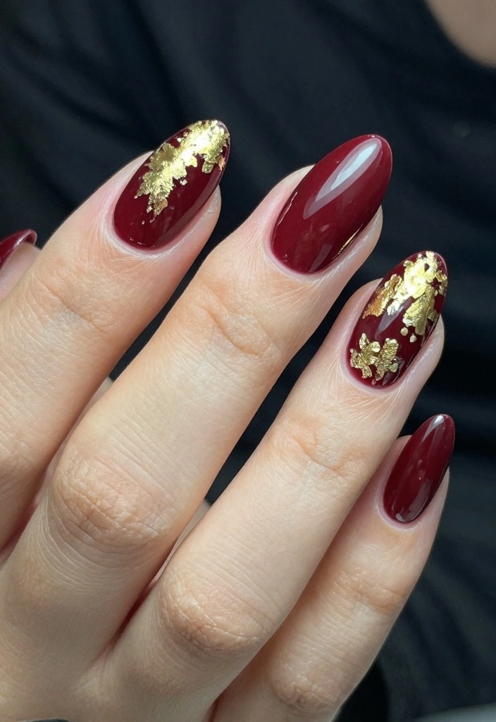 16 Dark Red Nails Ideas Rich Bold Classic - 15. Dark Red and Gold Leaf 1