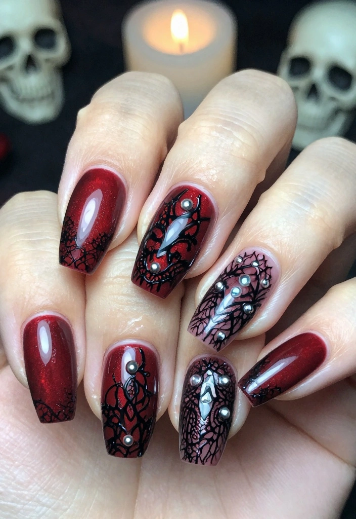 16 Dark Red Nails Ideas Rich Bold Classic - 2. Gothic Dark Red Masterpiece 1