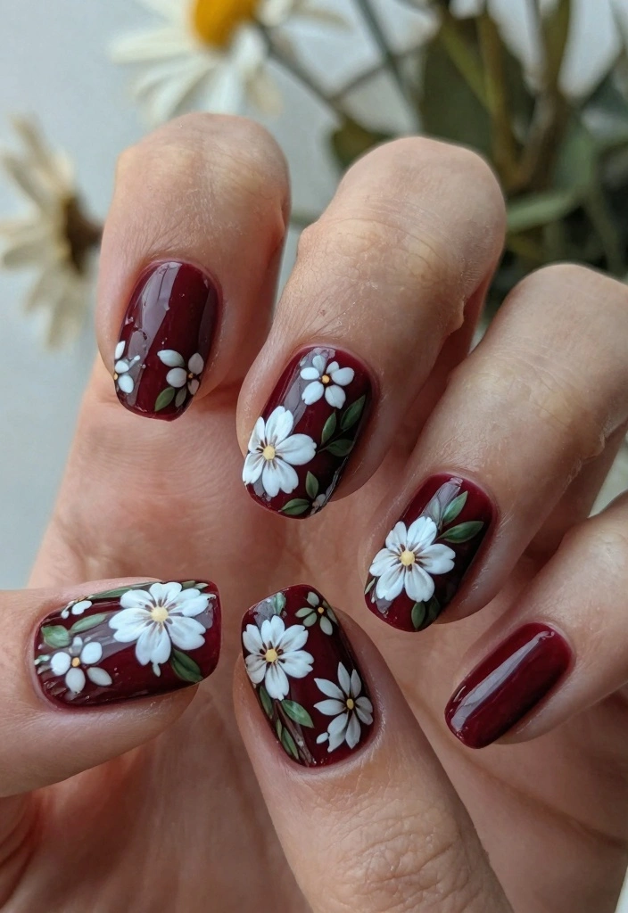 16 Dark Red Nails Ideas Rich Bold Classic - 5. Dark Red Floral Delight 1
