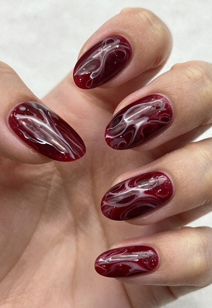 16 Dark Red Nails Ideas Rich Bold Classic - 8. Dark Red Marble Effect 1