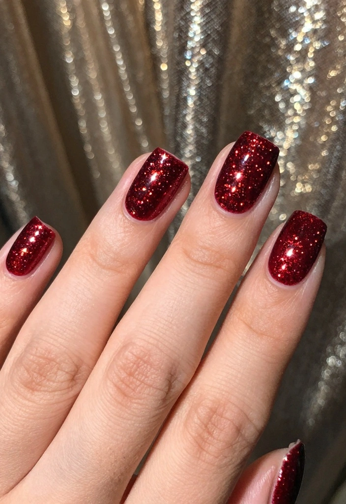 16 Dark Red Nails Ideas Rich Bold Classic - 9. Glittery Dark Red Glam 1