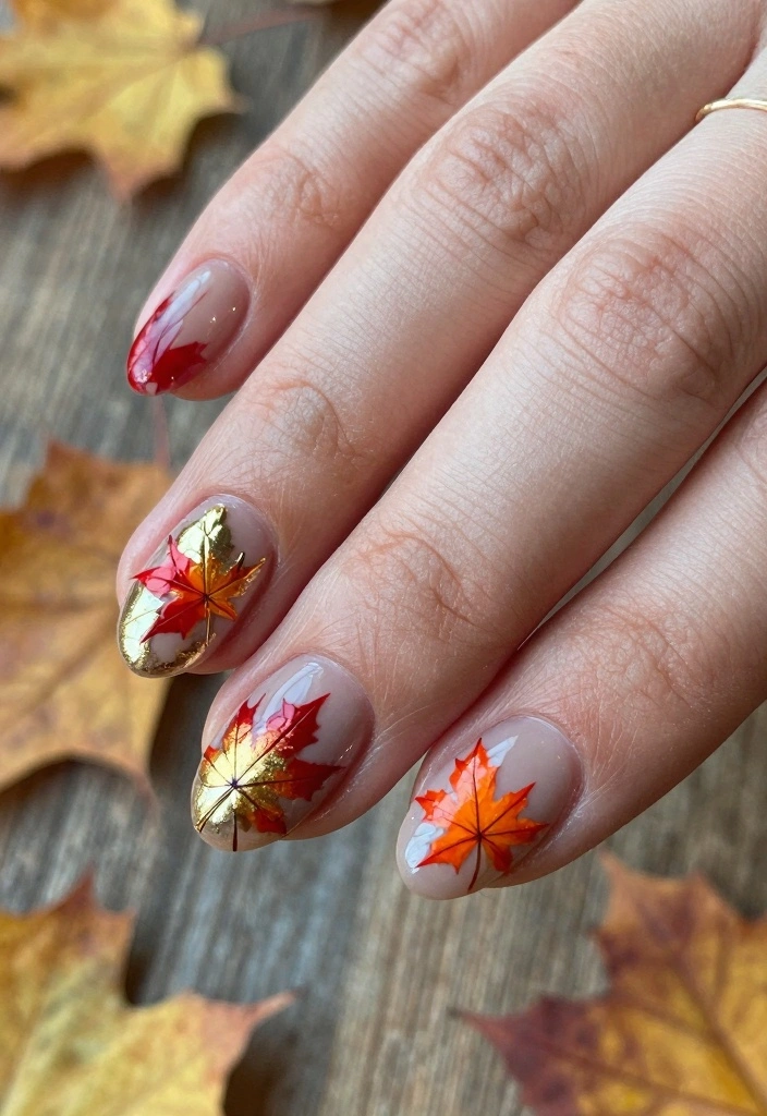 16 Fall Coffin Nail Ideas: Sleek, Trendy Shapes - 1. Maple Leaf Elegance 1