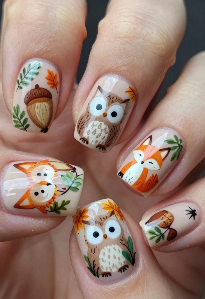 16 Fall Coffin Nail Ideas: Sleek, Trendy Shapes - 11. Whimsical Woodland Creatures 1