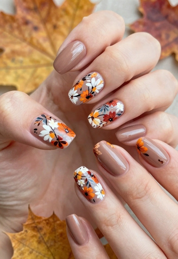 16 Fall Coffin Nail Ideas: Sleek, Trendy Shapes - 13. Fall Floral Patterns 1