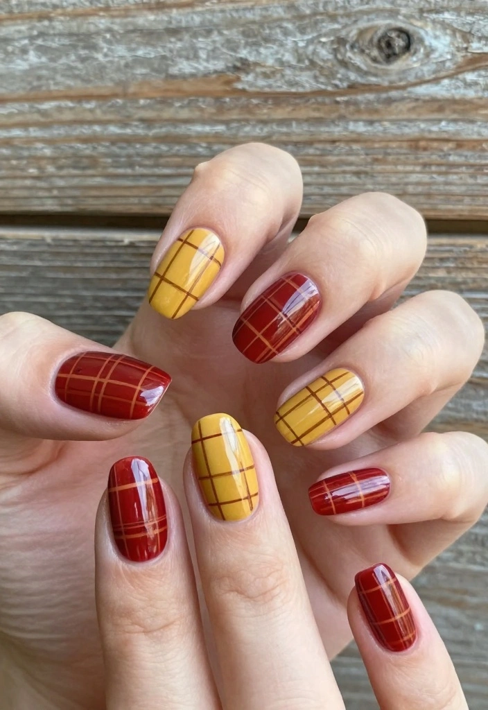 16 Fall Coffin Nail Ideas: Sleek, Trendy Shapes - 9. Rustic Plaid Prints 1