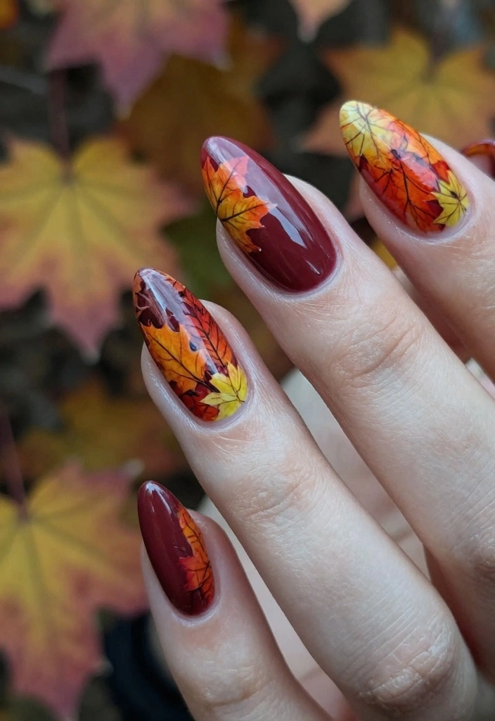 16 Fall Nail Inspo Almond Ideas for an Elegant Touch - 9. Textured Autumn Leaves 1