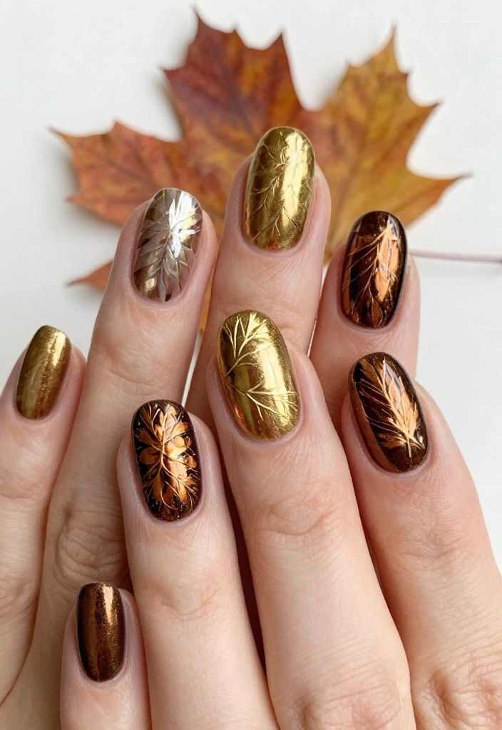 17 Autumn Gel Nails Ideas: Long Lasting Seasonal Style - 4. Metallic Autumn Leaves 1