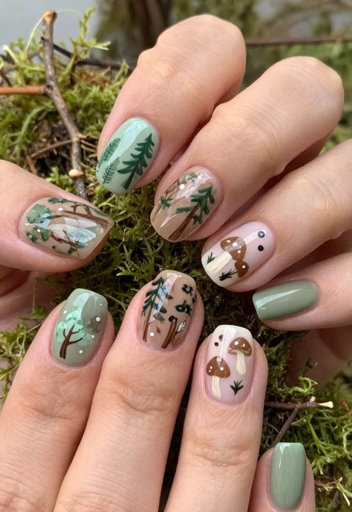 17 Autumn Gel Nails Ideas: Long Lasting Seasonal Style - 6. Whimsical Forest Themes 1