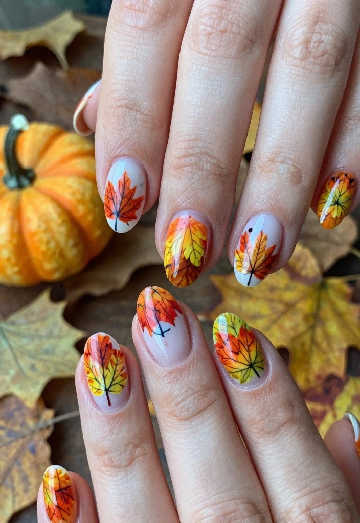 17 Autumn Nails Ideas: Trendy, Cozy, and Stylish - 7. Whimsical Leaves 1