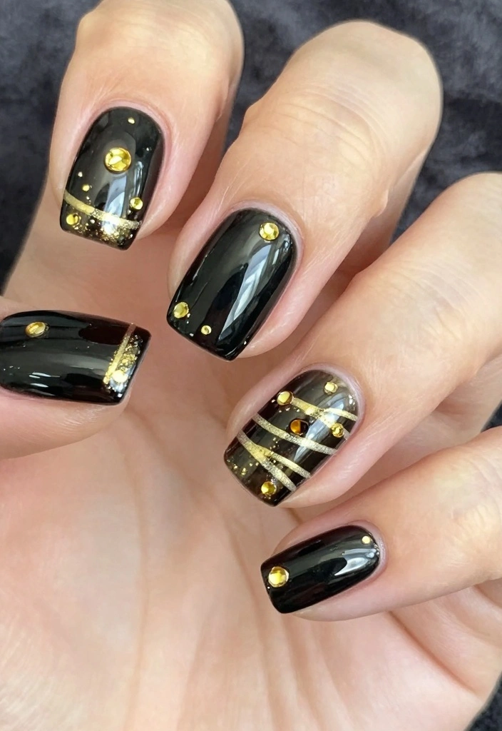 17 Black Halloween Nails Ideas Dark Spooky Chic - 1. Glossy Black with Gold Accents 1