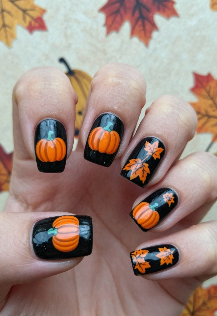 17 Black Halloween Nails Ideas Dark Spooky Chic - 10. Pumpkin Spice Nail Art 1